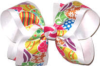 Large Easter Bow with Colorful Easter Egg Print over White Grosgrain